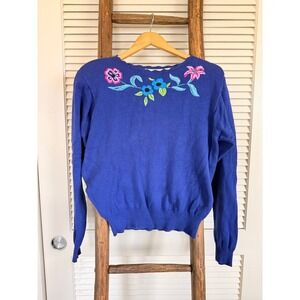 Liz Claiborne Collection Floral Embroidered Blue‎ Knit Sweater Vintage S